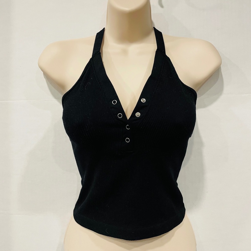 Ododos‎ Black Halter Top XS/S Button Down Ribbed Sleeveless Tank Top